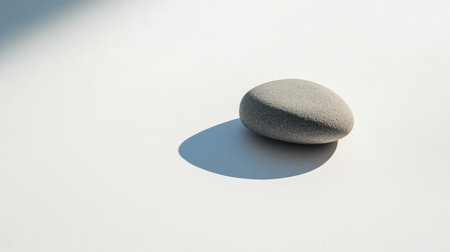 A simple gray stone resting on a minimalist white background, showcasing its smooth texture and natural beauty while casting a gentle shadow. Ideal for themes of tranquility and simplicity.の素材
