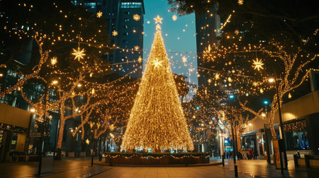 A stunning Christmas tree adorned with bright lights and stars illuminates an urban setting, creating a magical holiday atmosphere filled with joy.の素材