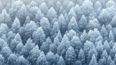A serene winter forest scene featuring frosted trees enveloped in a gentle mist. The tranquil atmosphere evokes a sense of calm and beauty.の素材