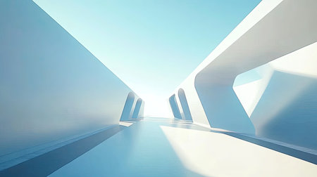 A bright modern architectural pathway showcasing minimalistic design with abstract forms and ample light, creating a serene and inspiring atmosphere.の素材