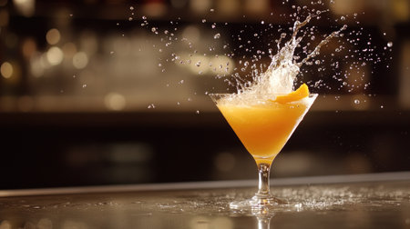 A vibrant cocktail splashes in a stylish glass, capturing the essence of refreshment. Perfect for bar scenes, parties, and summer gatherings.の素材