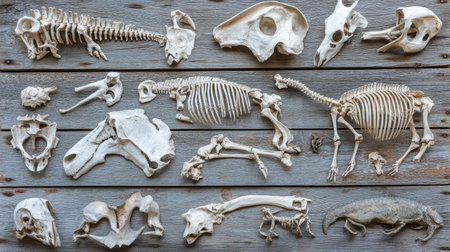 A detailed collection of various animal skeletons displayed on a rustic wooden surface, ideal for educational purposes in biology and paleontology contexts.の素材