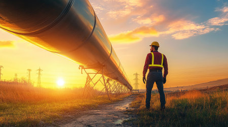 A worker stands near a large pipeline at sunset, showcasing the blend of nature and industry. The scene reflects hard work and dedication to energy projects.の素材