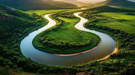 A breathtaking view of a river meandering through a vibrant green landscape, surrounded by hills and dotted with trees, capturing the essence of nature's beauty.の素材