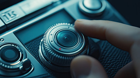 A close-up image of a camera lens and a finger gently pressing the button. This photograph highlights the intricate details of modern photography equipment.の素材