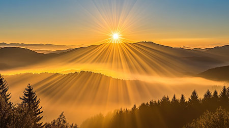 Experience the beauty of a serene sunrise over a majestic mountain landscape, featuring rays of light breaking through fog and creating a tranquil atmosphere.の素材