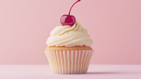 A delightful vanilla cupcake topped with smooth frosting and a cherry, perfect for celebrations, parties, or a sweet indulgence. Enjoy its charm!の素材
