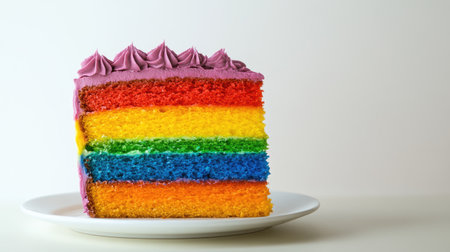 A vibrant slice of rainbow cake with colorful layers and purple frosting on a white plate, perfect for celebrations and sweet indulgences.の素材