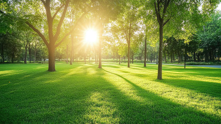 A serene park scene featuring sunlight filtering through lush trees, casting gentle shadows on vibrant green grass, creating a tranquil atmosphere.の素材