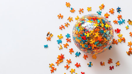 A vibrant collection of colorful puzzle pieces scattered around a round ball, set against a clean white background, perfect for conveying creativity and fun.の素材