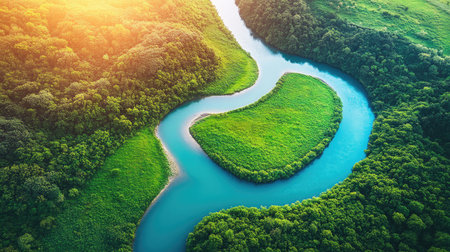 A breathtaking aerial view of a meandering river surrounded by vibrant greenery. This serene landscape captures the essence of nature's beauty in a tranquil setting.の素材