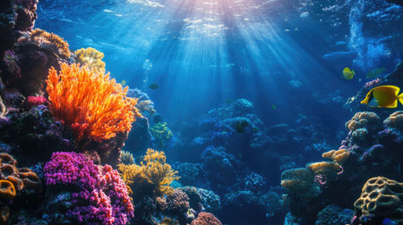Explore a vibrant underwater scene showcasing a colorful coral reef illuminated by sunlight. This serene marine ecosystem features diverse aquatic life and stunning natural beauty.の素材