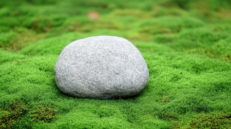 A smooth, gray stone rests peacefully on a lush green moss carpet, creating a tranquil and harmonious scene in nature. Perfect for wellness and relaxation themes.の素材