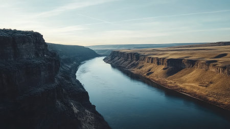 A tranquil river flows through a rocky canyon, surrounded by vast landscapes under a clear blue sky. A perfect outdoor escape for nature lovers.の素材