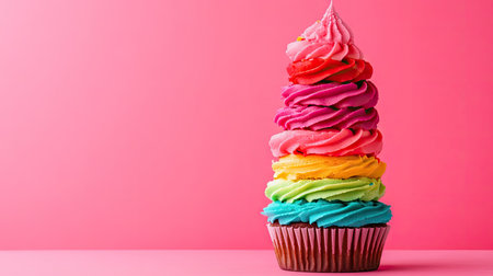 A vibrant tower of frosted cupcakes stacked neatly, creating a rainbow effect against a striking pink backdrop. Perfect for celebrating any sweet occasion.の素材