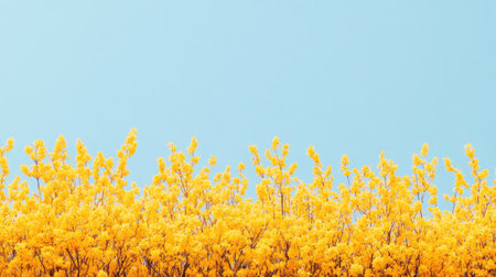A vibrant display of bright yellow flowers stretches against a serene blue sky, capturing the essence of spring with its cheerful colors and peaceful atmosphere.の素材