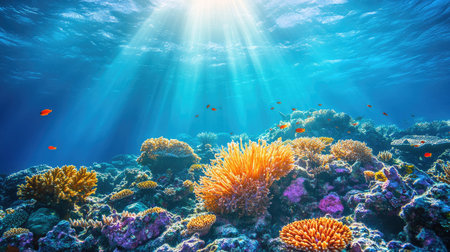 Discover a mesmerizing underwater scene showcasing a vibrant coral reef illuminated by sunbeams, revealing the beauty of marine life in a tranquil ocean environment.の素材