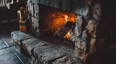 A cozy fireplace featuring a crackling fire and a rustic stone surround. Perfect for creating a warm and inviting atmosphere in any setting.の素材