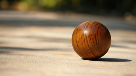 A beautifully crafted wooden sphere rests on a textured surface, illuminated by natural light, showcasing its elegant grain and warmth in a serene outdoor setting.の素材