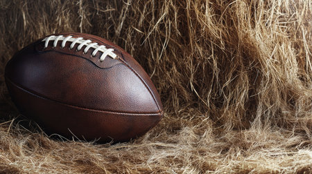 A vintage-style football resting on a rustic background, evoking feelings of tradition and competition in sports. Perfect for themes of teamwork and outdoor activities.の素材
