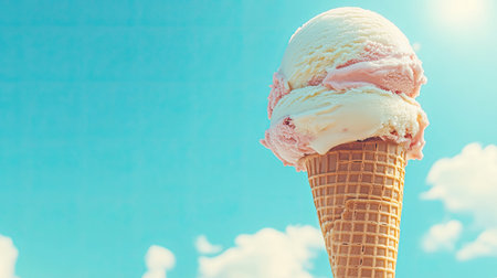 A delicious ice cream cone topped with creamy scoops, set against a vibrant blue sky. Perfect for capturing the essence of summer enjoyment and sweet indulgence.の素材