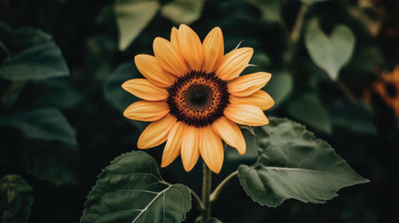A stunning sunflower stands tall against lush greenery, showcasing vibrant yellow petals and intricate details, capturing the essence of natural beauty.の素材