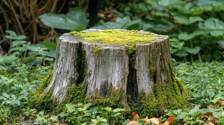 A moss-covered tree stump set amidst lush greenery, showcasing the beauty of nature and the circle of life. Ideal for themes of decay and renewal.の素材