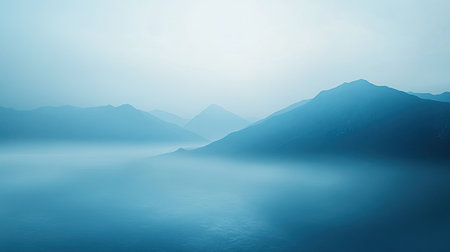 Explore a tranquil blue mountain landscape shrouded in fog. The serene atmosphere creates a dreamlike quality perfect for nature lovers and peaceful settings.の素材