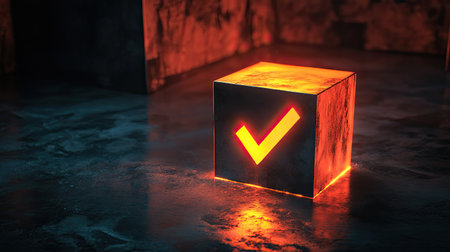A glowing orange checkmark box, set against a dark surface, symbolizes approval and success. Ideal for technology and business concepts.の素材