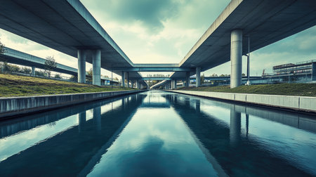 A stunning view of urban architecture reflecting on calm waters. The modern overpass creates a striking contrast against the serene environment, showcasing the beauty of industrial design.の素材