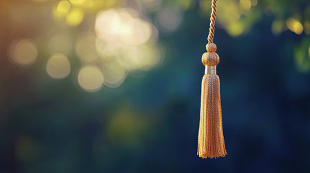 A beautiful golden tassel hanging gracefully in soft sunlight, creating a warm and elegant ambiance. Perfect for decoration or artistic projects.の素材