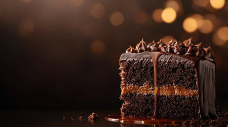 A tempting slice of chocolate cake drizzled with caramel, showcasing rich layers and creamy frosting, perfect for desserts and celebrations.の素材
