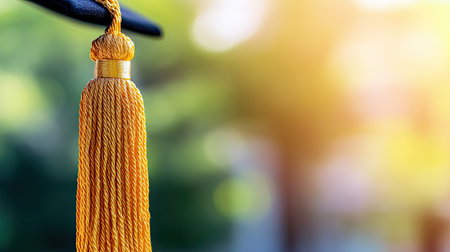 A close-up of a vibrant golden tassel hanging from a graduation cap, set against a blurred background, symbolizing accomplishment and celebration of education.の素材