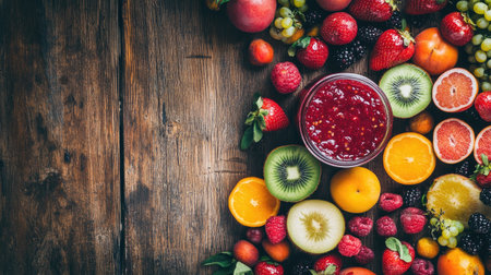 A vibrant arrangement of fresh fruits surrounds a delicious smoothie on a rustic wooden table, showcasing healthy choices for a colorful diet.の素材