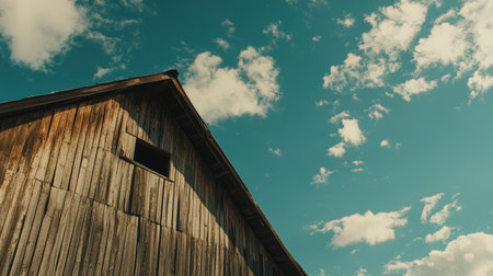 Captivating view of an old wooden barn beneath a vibrant blue sky filled with fluffy clouds. This image evokes a sense of tranquility and rural charm.の素材