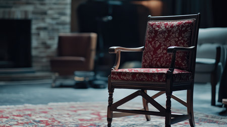 A vintage armchair positioned in a cozy living room creates a charming atmosphere. The detailed upholstery and classic design add elegance to the space.の素材