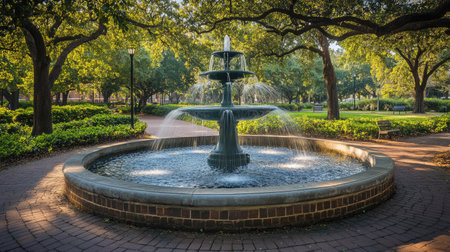 A tranquil fountain in a sunny park, surrounded by lush trees and vibrant greenery, perfect for relaxation and outdoor enjoyment.の素材