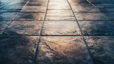Detailed view of a textured floor featuring tiles with natural light reflections, creating a warm and inviting atmosphere in an indoor space.の素材