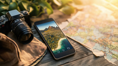 A camera and smartphone rest on a wooden table next to a map, symbolizing travel planning, adventure, and exploration in a natural setting.の素材