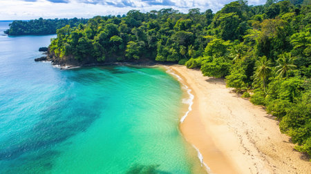 Discover a breathtaking tropical beach featuring golden sand and turquoise water, surrounded by lush greenery. Perfect for relaxation and exploration.の素材