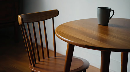 A cozy image featuring a wooden chair and table with a coffee mug. Perfect for conveying warmth and minimalistic home design. Ideal for lifestyle themes.の素材