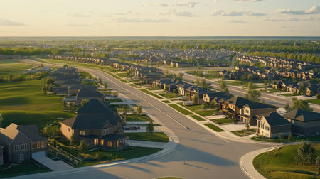 A peaceful suburban neighborhood captured at sunset, showcasing charming houses and winding roads surrounded by lush greenery. The tranquil setting highlights a perfect residential atmosphere.の素材