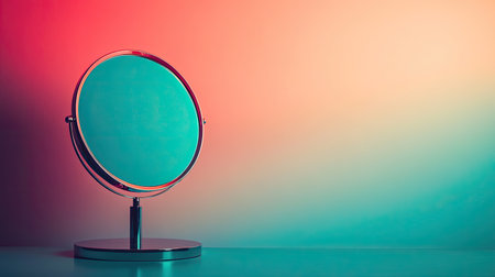 A stylish round mirror stands gracefully against a soft pastel background, creating a calm and elegant ambiance. Ideal for beauty or interior themes.の素材