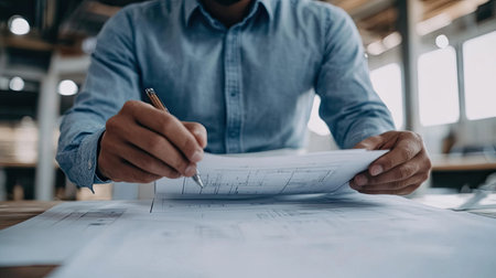 A person documenting details on a blueprint in a modern workspace, showcasing creativity and professionalism in design and planning processes.の素材