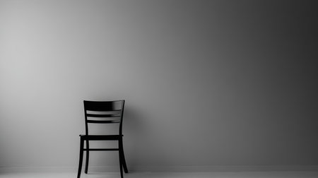 A minimalist black chair placed against a soft gray wall, creating a serene and calm ambiance. This image embodies simplicity and modern design.の素材