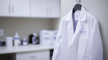 A white lab coat hanging in a clean clinical setting, representing professionalism in healthcare. Ideal for themes of medical service, cleanliness, and healthcare environments.の素材