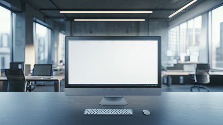 A sleek modern office workspace featuring a blank computer screen, modern desk setup, and a bright city view. Perfect for showcasing productivity.の素材
