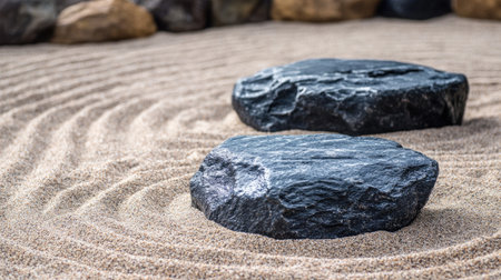 A serene scene featuring two dark stones on meticulously raked sand, creating a calming atmosphere ideal for relaxation, meditation, and aesthetics.の素材