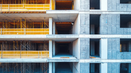 View of a modern construction site showcasing concrete frameworks and scaffolding. The image captures the industrial atmosphere of urban development.の素材