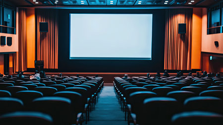 A spacious and modern cinema interior features empty seats awaiting an audience, with a blank projection screen highlighting the anticipation of film enjoyment.の素材